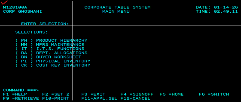 M128100A, Corporate Table System, main menu
