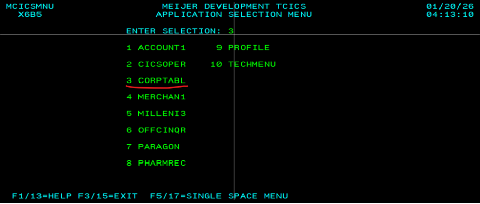 MCICSMNU, Application selection menu