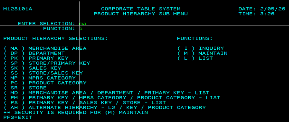 M128101A, Product hierarchy sub menu