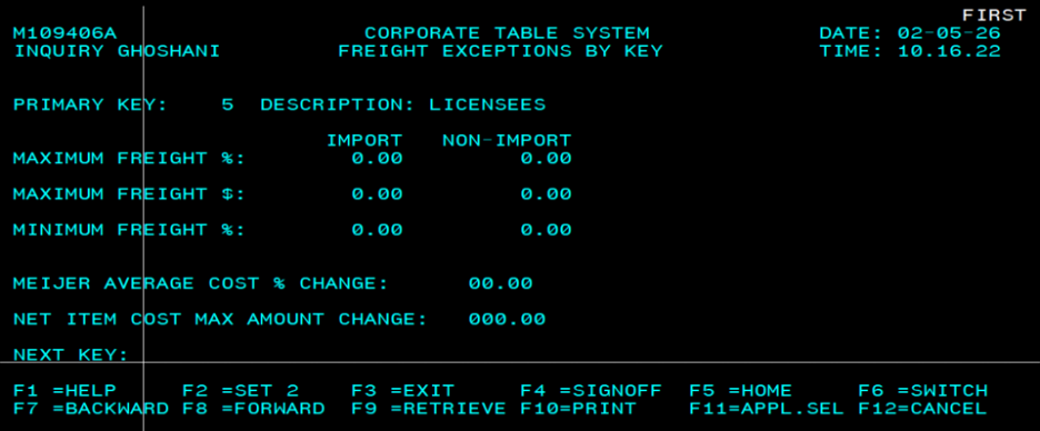 M109406A, Freight exceptions by key