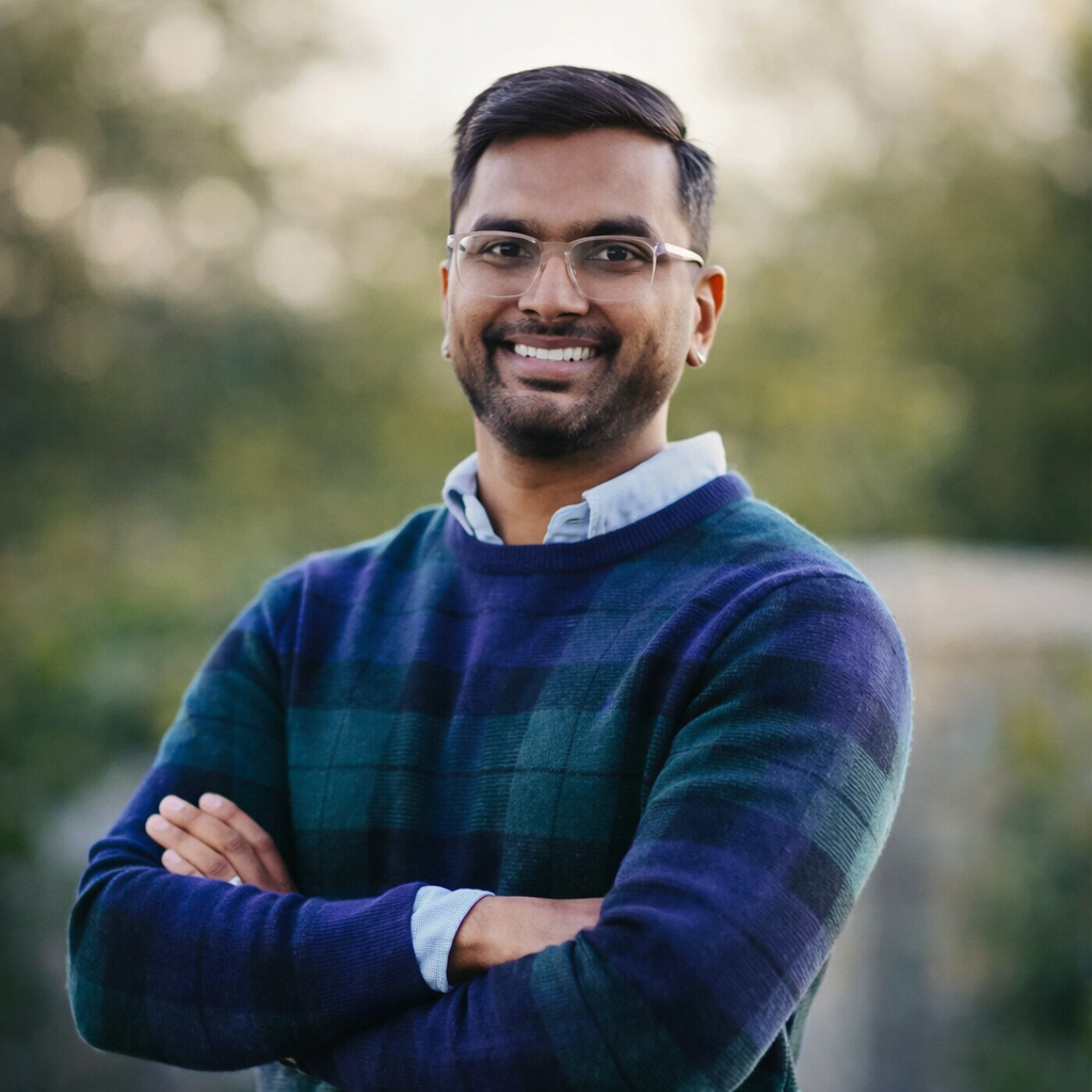 Vamshi Vanaparthi — Senior UX Designer smiling, wearing a navy and teal checkered sweater